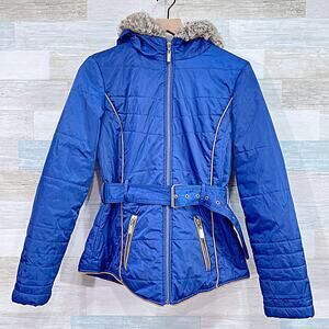 Guess Y2K Fur Trim Hooded Belted Ski Puffer Jacket Blue Insulated Womens Medium